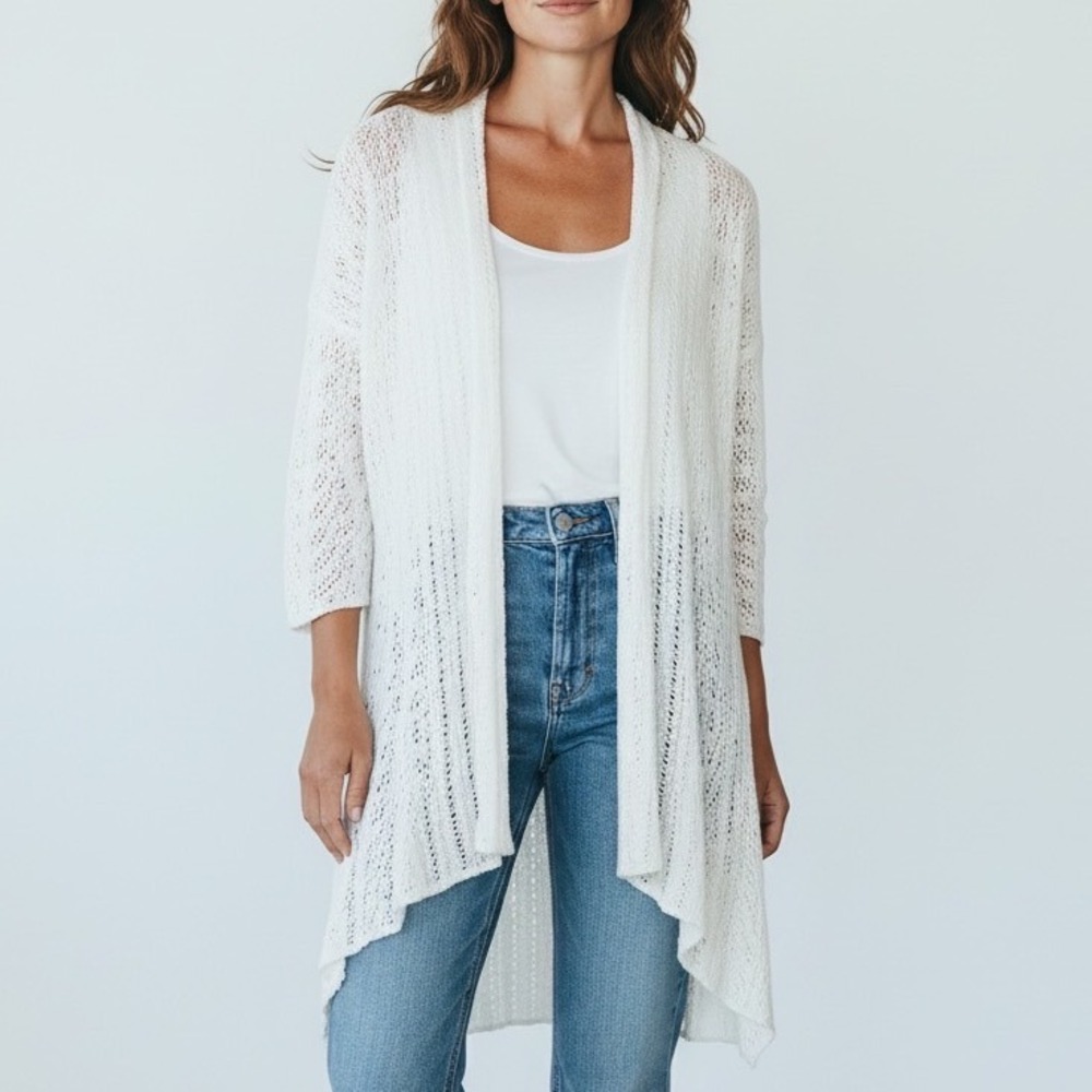 Willi Smith White Cotton Pointelle Open Front Cardigan Handkerchief Hem Small